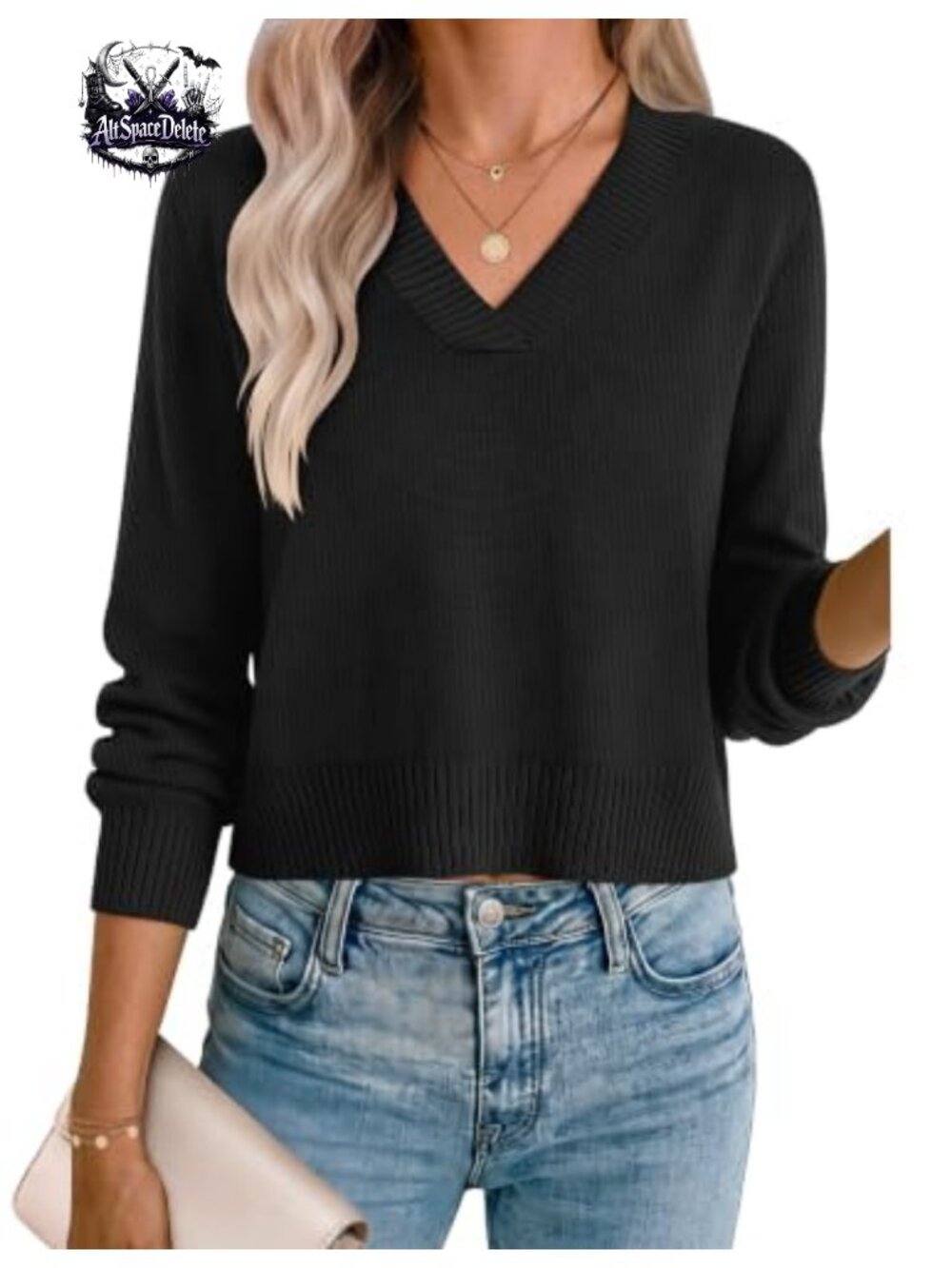 Cropped V Neck Sweater Long Lantern Sleeve Ribbed Knit Pullover